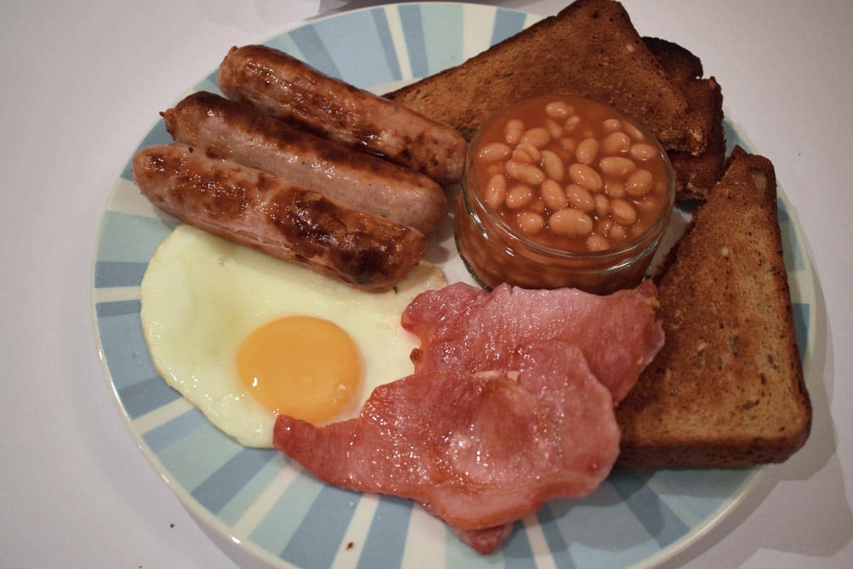 Full English with musclefoods low fat sausages and bacon medallions