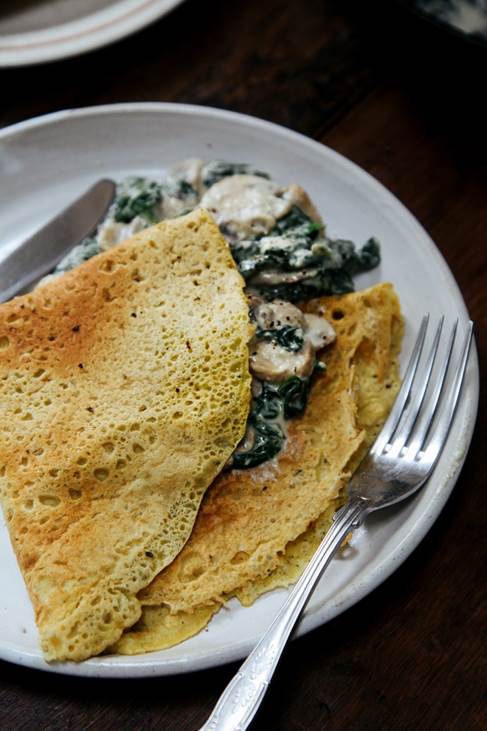  Savoury Chickpea Crepes with Creamy Mushrooms and Spinach
