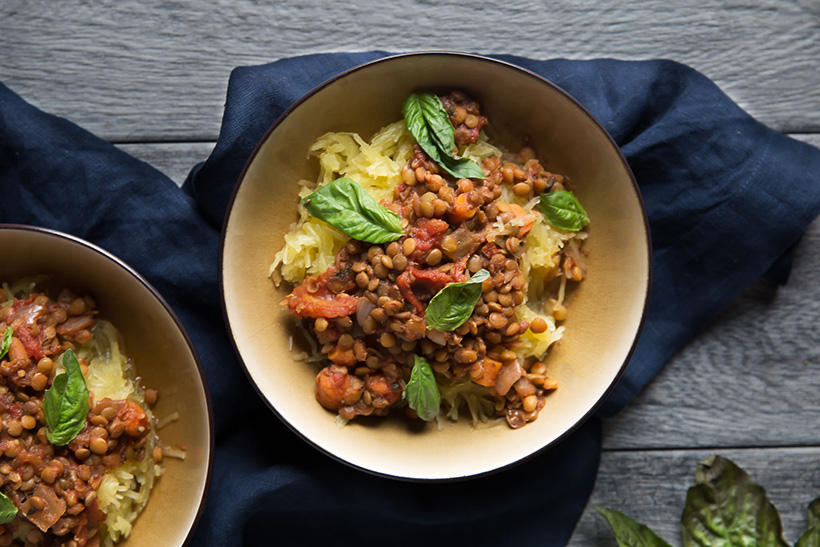 44.  Vegetarian Slow Cooker Lentil Sloppy Joes over Spaghetti Squash